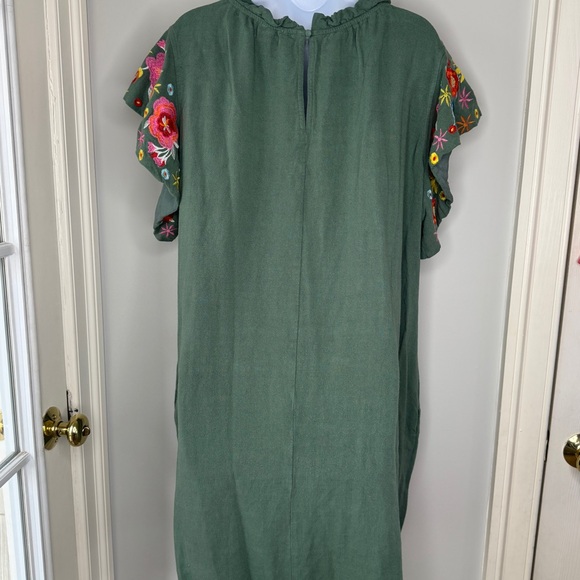 Embroidered Womens Linen Dress 1Sz Green Lagenlook Artsy Cottagecore Boho Hippie - Picture 16 of 16